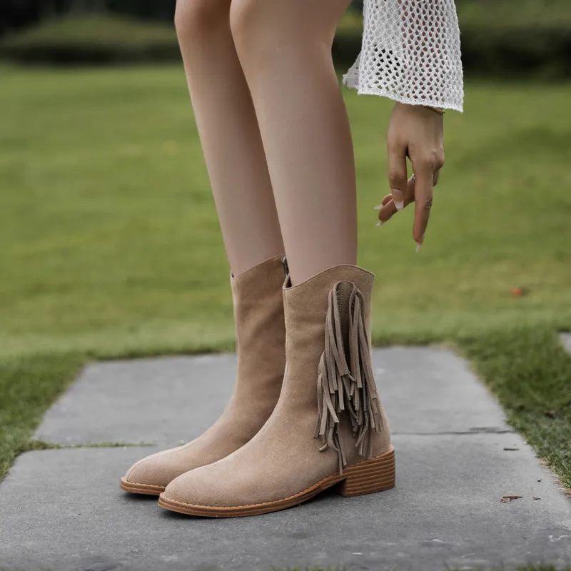 Women's Nubuck Leather Mid Calf Tassels Boots With Side Zipper In Camel/Khaki