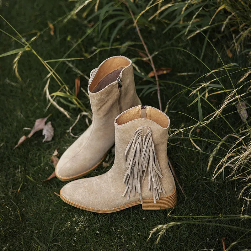 Women's Nubuck Leather Mid Calf Tassels Boots With Side Zipper In Camel/Khaki