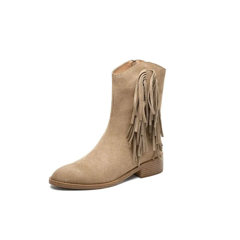 Women's Nubuck Leather Mid Calf Tassels Boots With Side Zipper In Camel/Khaki