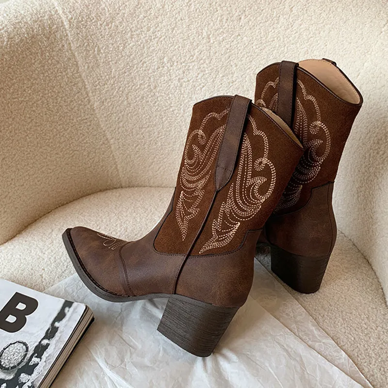 Womens Western Boots Mid Calf Cowboy Boots- Brown/Apricot Cowgirl Boots