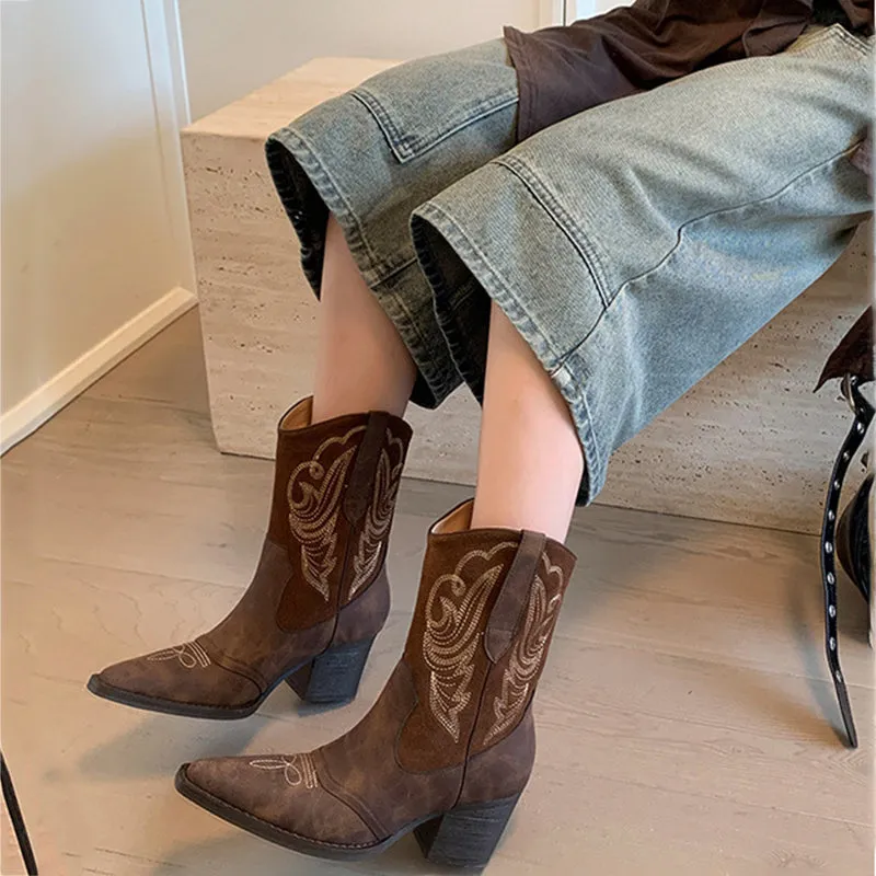 Womens Western Boots Mid Calf Cowboy Boots- Brown/Apricot Cowgirl Boots