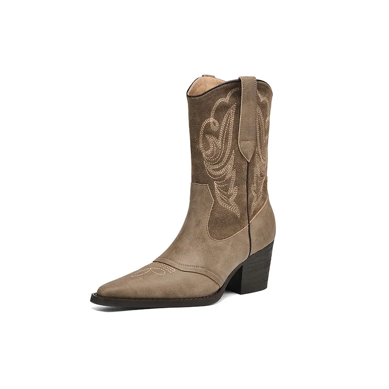 Womens Western Boots Mid Calf Cowboy Boots- Brown/Apricot Cowgirl Boots