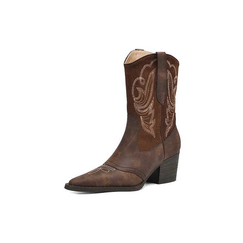 Womens Western Boots Mid Calf Cowboy Boots- Brown/Apricot Cowgirl Boots